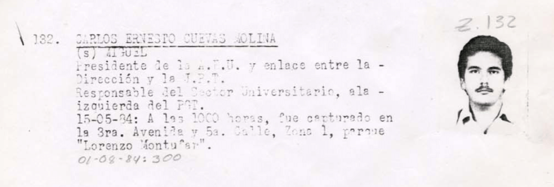  Carlos Ernesto Cuevas Molina, hermano de Rosario Cuevas, es una de las víctimas de desaparición forzada durante la década de los 80. Su ficha aparece en el Diario Militar. 